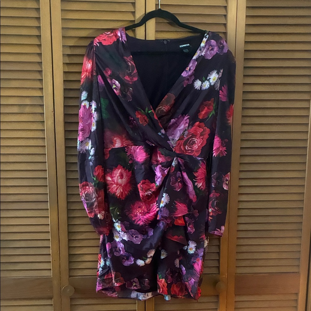 Express Floral Long Sleeve Dress - Black and Pink